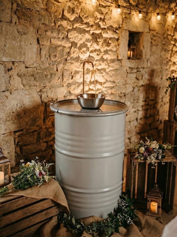 Fontaine a cocktail/punch style industriel dans l'ambiance d'une mariage champètre